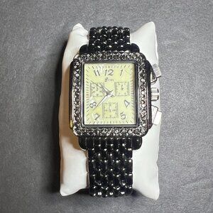 Geneva Women's Black Enameled Band Crystal Iridescent Rectangular Bezel Watch